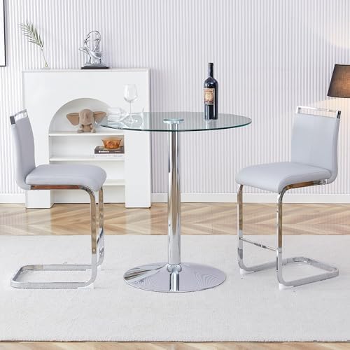 gopop 3 Piece Dining Table Set for 2, Modern Round Glass Counter Height Pub Table, Compact High Top with Bar Stools Pub Dining Set for Kitchen, Breakfast Room, Dining Room. (Light Grey, 3 Piece)