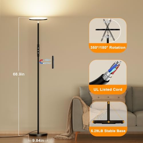 LED Floor Lamp, Bright 36W 3600LM Standing Lamp 350W Equivalent with Remote & Touch Control, Modern Torchiere Floor Lamp with 2700K-6500K Stepless Dimming, 69" Tall Lamp for Living Room Bedroom Office