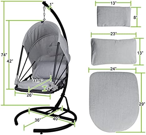 Foldable Hanging Chair Swing Hammock Egg Chair PE Rattan Wicker Seat w/Padded Cushion Headrest Pillow Canopy for Outdoor, Indoor, Grey