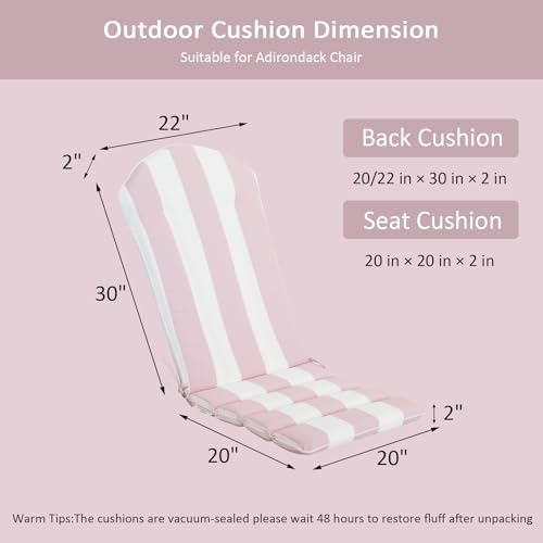 COZYVIDA 50"x20" Adirondack Chair Cushions Set of 2,Outdoor Rocking Chair Cushions high Back,Water-Resistant,UV-Resistant 1000+ Hrs, with Adjustable Straps,Pink White Stripe