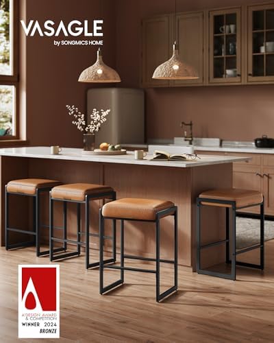 VASAGLE Bar Stools Set of 3, Counter Height, PU Leather, 26-Inch