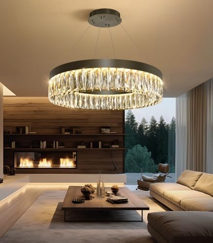 23.6" 1 Ring Modern LED Dimmable Ring Chandelier Adjustable Round Crystal Chandelier for Dining Room Living Room Black