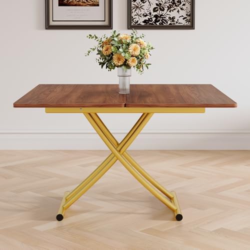 Adjustable Height Coffee Table, Folding Dining Table, Walnut&Gold