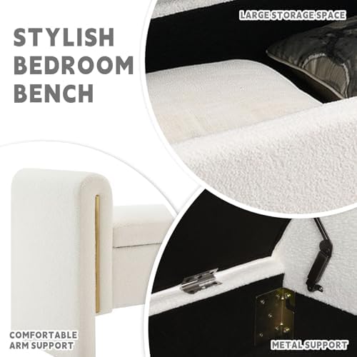 52" Upholstered Storage Bench, White, Armrests, Wood Frame
