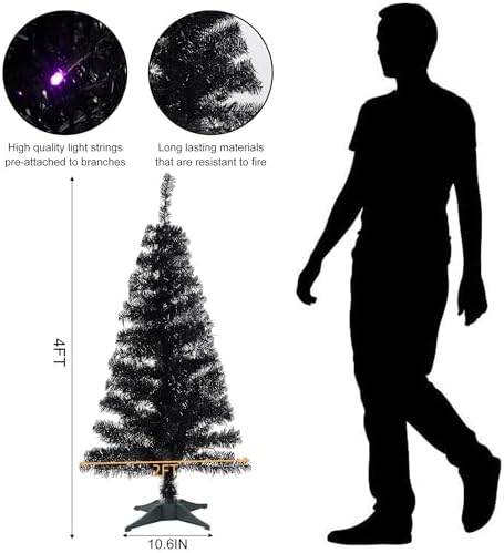 Juegoal Lighted Artificial Halloween Black Christmas Tree, Pre-lit 4 FT Black Tinsel Xmas Pine Trees, Light up with 70 LED Lights Battery Powered, 8 Modes & Timer for Home Office Party Decorations