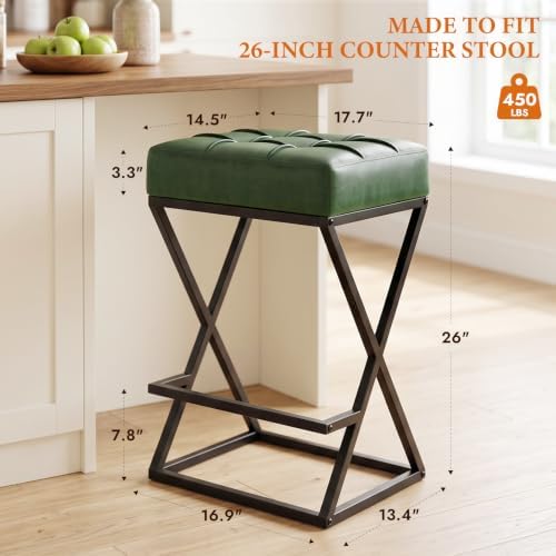 Bar Stools Set of 3, 26 Inch Counter Height Stool Faux Leather Green