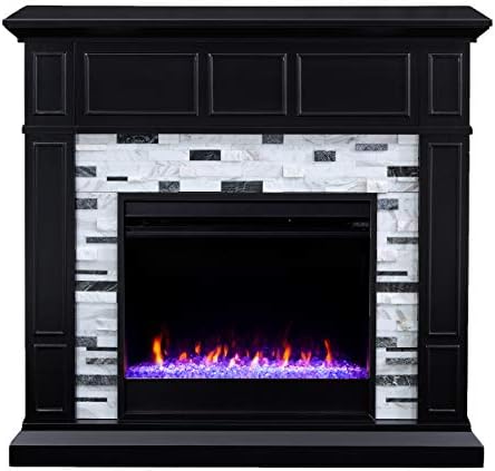 SEI Furniture Drovling Marble Tiled Color Changing Electric Fireplace, Black-White-Gray