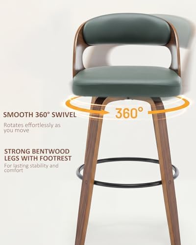 AQG Swivel Bar stools Set of 2 Bar Chairs 26" Counter Height Mid-Century Modern Bentwood Barstool PU Leather Upholstered Bar Chair with Back and Footrest, for Bar, Cafe, Dining, Kitchen Island, Green