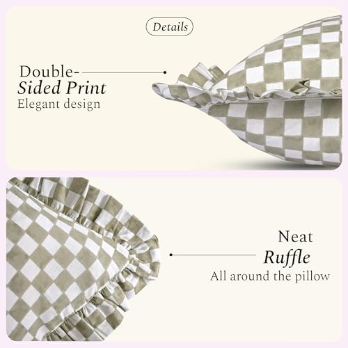 CPC Sage Gingham Print Ruffle Throw Pillow Cover 18x18 Inch, Pack of 2