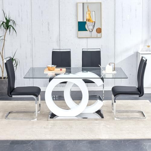 63'' Dining Table Set for 4, Modern Glass Dining Room Table Set for 4 with PU Leather Ergonomic Dining Chairs for Home, Kitchen, Living Room