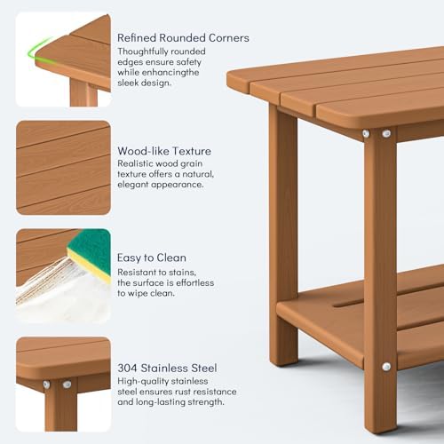 nevilywood 2-Tier Outdoor Side Table, HDPE Patio End Table, Teak