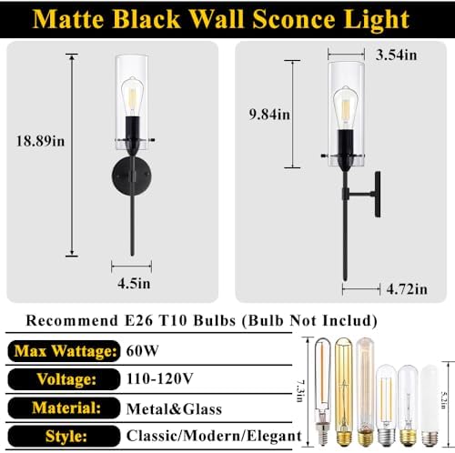 Modern Wall Sconces Set of Two, Black Wall Sconce with Clear Glass Shade, Hardwired Wall Mount Light Fixtures for Living Room Bathroom, Bedroom, Hallway