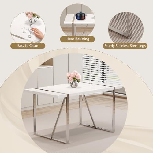 55‘’ White Dining Table Set for 6, Dining Tabletop and Silver Metal Frame, Rectangle Dining Room Table with 6 White Upholstered Dining Chairs. ModernDinner table Set for Kitchen and Dining Room.