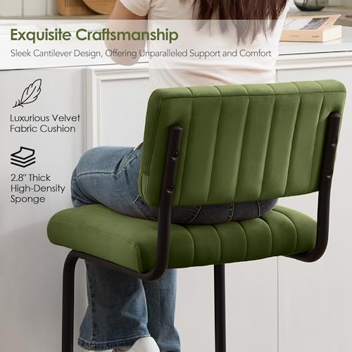 ONEVOG 24.6'' Counter Height Bar Stools Set of 2, Mid-Century Modern Counter Height Cantilever Chairs for Kitchen Island, Upholstered Velvet Fabric Barstools with Back and Metal Leg, Olive Green