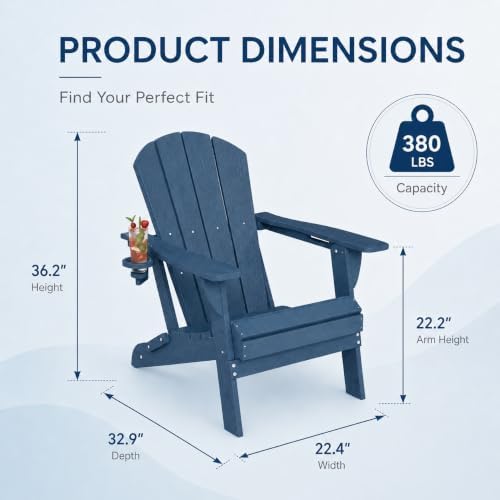 Folding Adirondack Chair with Cup Holder and Phone Holder, Heavy Duty HDPE Plastic Outdoor Lounger, All-Weather Resistant Patio Chair for Backyard, Porch, Deck, Fire Pit, Navy Blue