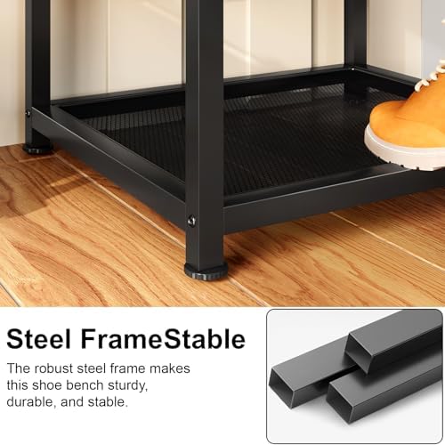 DreamDashio Set of 2 Small Shoe Storage Benches with PU Leather Cushion, 3-Tier Shoe Rack Organizer for Entryway, Metal Mesh Shelves, Holds Up to 300 lbs, Black (31.5"x11.4"x17.5")