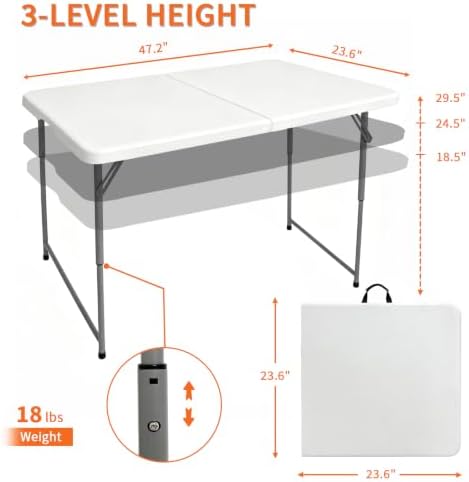 Folding Table 4 Foot, Heavy Duty Adjustable Height Folding Card Table Portable Plastic Foldable Utility Table Indoor Outdoor for Camping, Picnic, Dining and Party, White