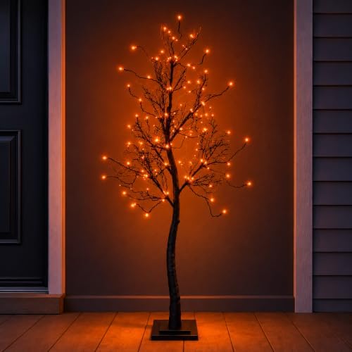 5FT Lighted Halloween Tree, 102 LED Dual Color Black Glitter Tree