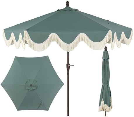JONATHAN Y UMB1001 Collins 9 ft. Classic Cottage Tassel Market Patio Umbrella with Auto-Tilt, Crank, Wind Vent and UV Protection