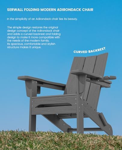 SERWALL Modern Folding Adirondack Chairs Set of 4, HDPE, Cup Holders, Gray