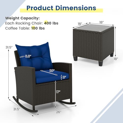 RELAX4LIFE 3-Piece Rocking Bistro Set - Rattan Wicker Rocking Chairs Set of 2 w/Soft Cushions, Glass Coffee Table, Outdoor Conversation Rocker for Porch Balcony, Small Patio Furniture (Brown-Navy)