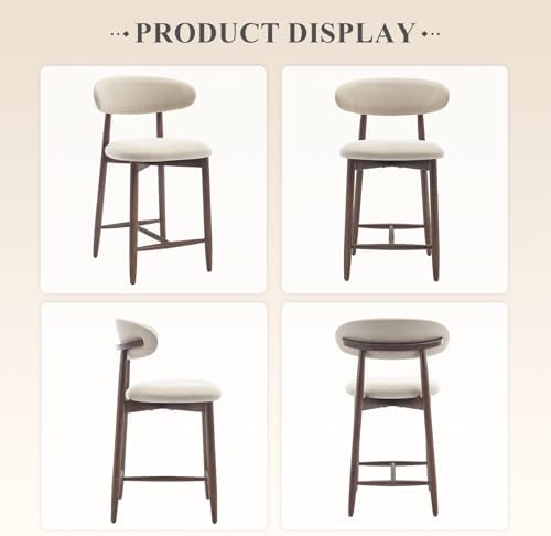 COLAMY Counter Height Bar Stools Set of 2, Kitchen Bar Stools with Back, Mid Century Modern Upholstered, with Wood Legs for Kitchen Island Dining Room, Beige