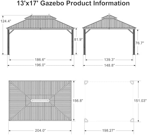 PURPLE LEAF Outdoor Hardtop Gazebo 13' x 17' Bronze Metal 4.7" Wide Frame