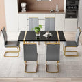 Modern Dining Table Set for 6, 55'' Dining Room Table Set with 6 Faux Leather Chairs, Black Wood Tabletop with Gold Metal Legs, Suitable for Small Space