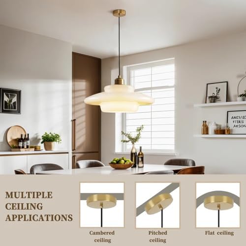 milk glass pendant light: mid century modern gold, close-up detail