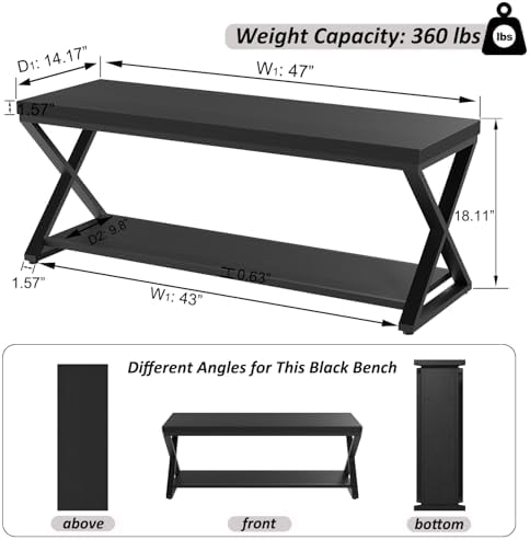 IBF Rustic Entryway Bench with Storage, Black Wood and Metal Bench