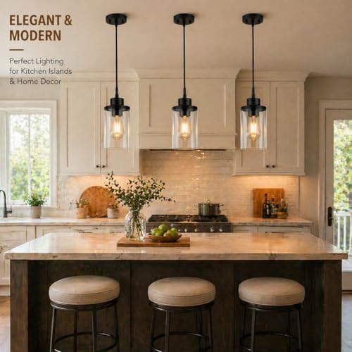 Black Farmhouse Clear Glass Cylinder Pendant Light, Modern Hanging Fixture (3 Pack)