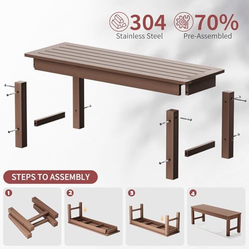 Psilvam 47" Backless HDPE Outdoor Bench for 2-Person, Brown