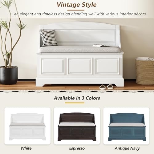 LUMISOL Shoe Storage Bench with Seating, 41.7” Farmhouse Entryway Bench with Cushion and Hidden Storage, Upholstered Storage Ottoman for Living Room, Entryway, Bedroom, White