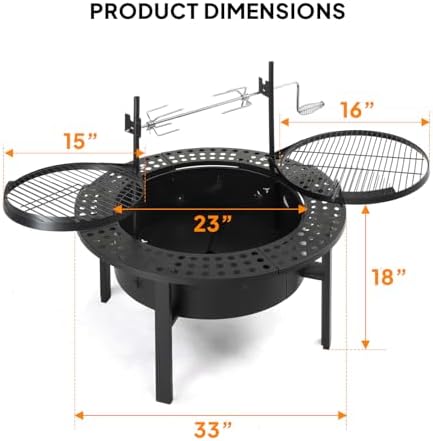 ROVSUN Upgrated 33'' Outdoor Fire Pit with 2 Grills, Grill with Side Shelves, Wood Burning Round Firepit with Swivel Cooking Grate, Removable Swivel Grill for Backyard, Patio, Picnic, BBQ and Parties