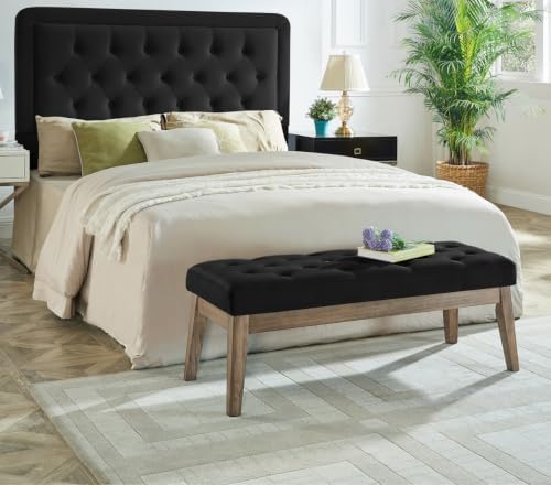 24KF Velvet Upholstered Buttons Tufted Entryway Bench with Solid Wood Leg,Bed Bench Ottoman with Padded Seat,5034-Black