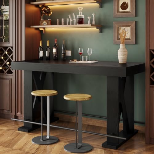 LITTLE TREE 63" Bar Table, Pub Table with Metal Footrest (Black,1)
