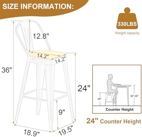 Andeworld Metal Bar Stools Set of 4, 24" Counter Height with Backs, Black