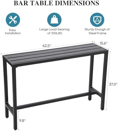 Outdoor Bar Table, Patio Console Pub Height Table with Powder Coated Steel Frame, Weather Resistant Waterproof Top for Hot Tub, Balcony, Garden, Yard, Poolside