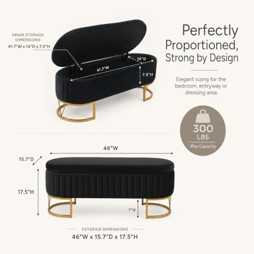 Velvet Storage Bench for Queen Size Bed, 46'' Black Oval Ottoman, Gold Legs