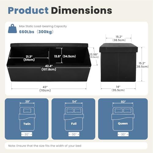 DUMOS 43 Inch Folding Ottoman with Storage Bench, Foot Rest Stool Ottoman