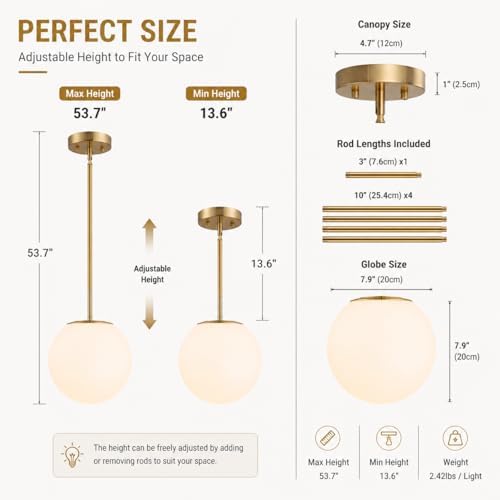 gold globe pendant light, opal glass, mid century shown in use