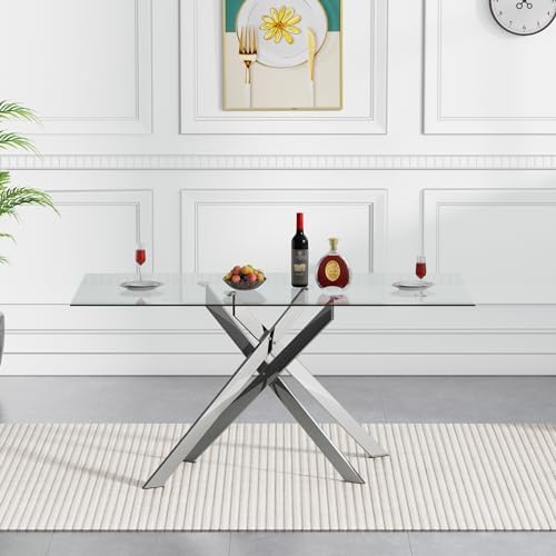 5 Piece Glass Dining Table Set Modern Glass Dining Table Set for 4, 51" Rectangular Kitchen Table and 4 Velvet Upholstered Chairs for Kitchen Dining Room, Silver Table & Grey Chair