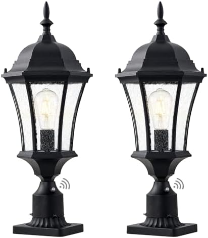24 Inch Large Dusk to Dawn Outdoor Post Lights Aluminum Black Exterior Post Pole Lamps Outside Pathway Column Lights, Outdoor Pier Mount Light with Seeded Glass, LMMS4610-M-BK-2P