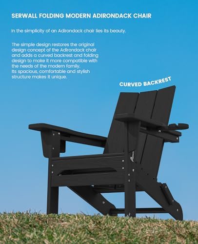 SERWALL Modern Folding Adirondack Chairs Set of 2, HDPE, Cup Holders, Black
