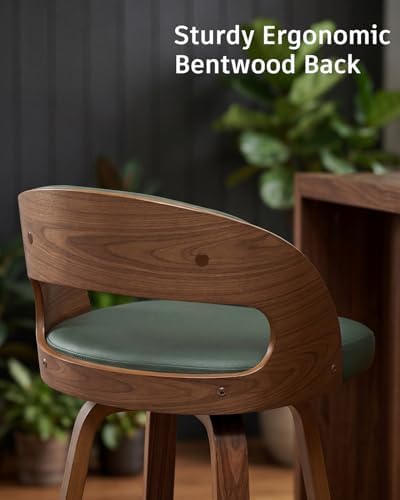 AQG Swivel Bar stools Set of 2 Bar Chairs 26" Counter Height Mid-Century Modern Bentwood Barstool PU Leather Upholstered Bar Chair with Back and Footrest, for Bar, Cafe, Dining, Kitchen Island, Green