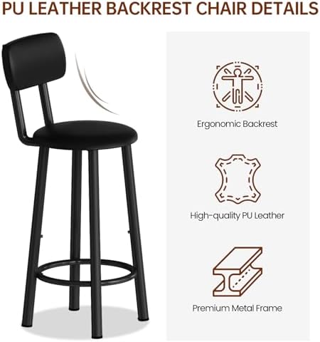 Recaceik Pub Dining Table Set for 2, Table and Bar Stools with 3 Storage Shelves, MDF Board & PU Leather Backrest Chairs, 3 Piece Dining Set for Small Space, Apartment, Kitchen Island, Black