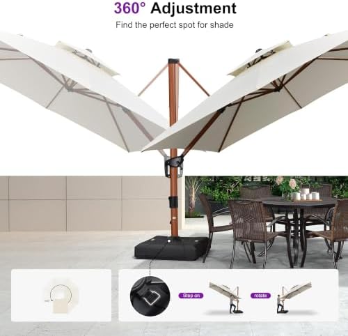 PURPLE LEAF Cantilever Umbrella 10ft Double Top Wood-Grain Finish, Cream