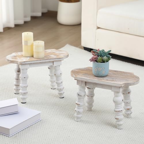 Reallnaive 2 Pack Wooden Foot Stool Vintage Farmhouse Small Plant Stand