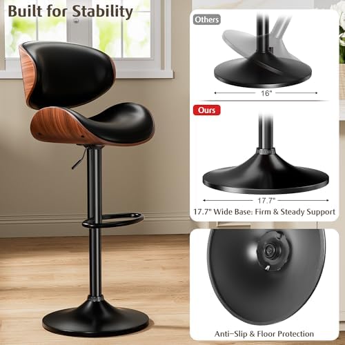 Bar Stools Set of 2, Swivel Adjustable with Bentwood Backrest, Black