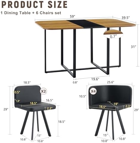 7-Piece Dining Table Set for 6,Modern Dining Room Table Set for 6 with Cushioned Chairs,59" Wood Kitchen Table Set for Home, Apartment,Office,Conference Room,Small Spaces, Space-Saving